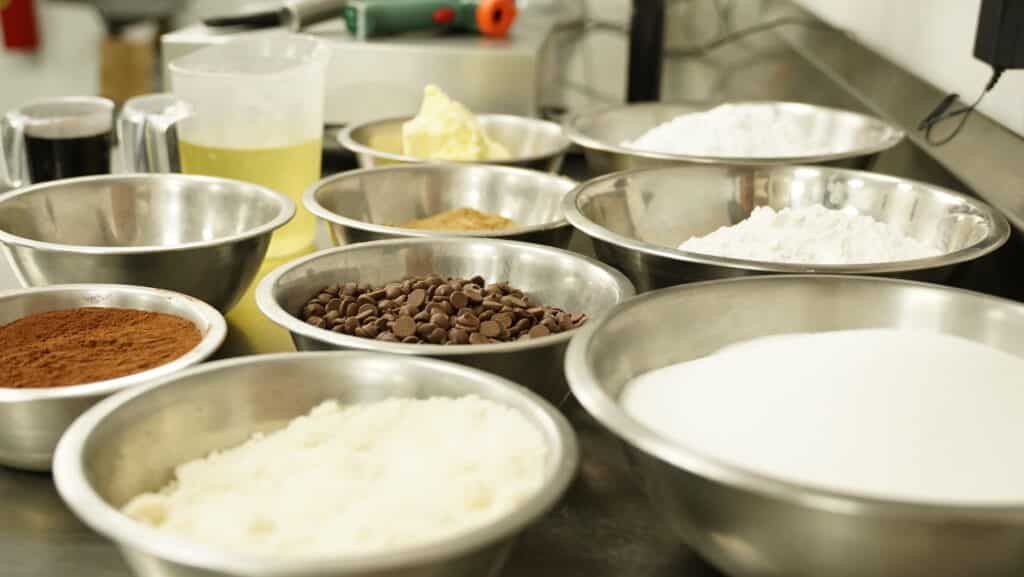 Baking ingredients measured in bowls